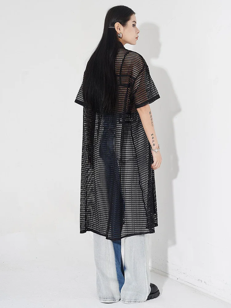 [EAM] Women Black Mesh Perspective Midi Big Size Shirt Dress New Lapel Short Sleeve Fashion Tide Spring Summer 2024 1DH4934