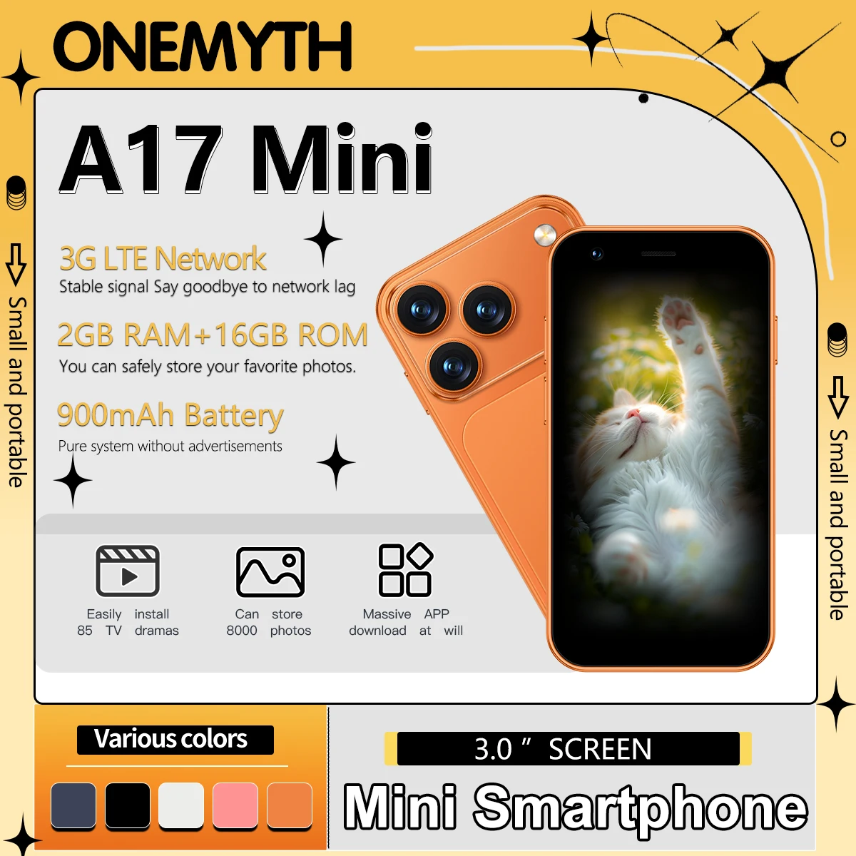 The ONEMYTH A17 Mini 3.0-inch smartphone features face unlock, precise positioning, and stereo speakers.
