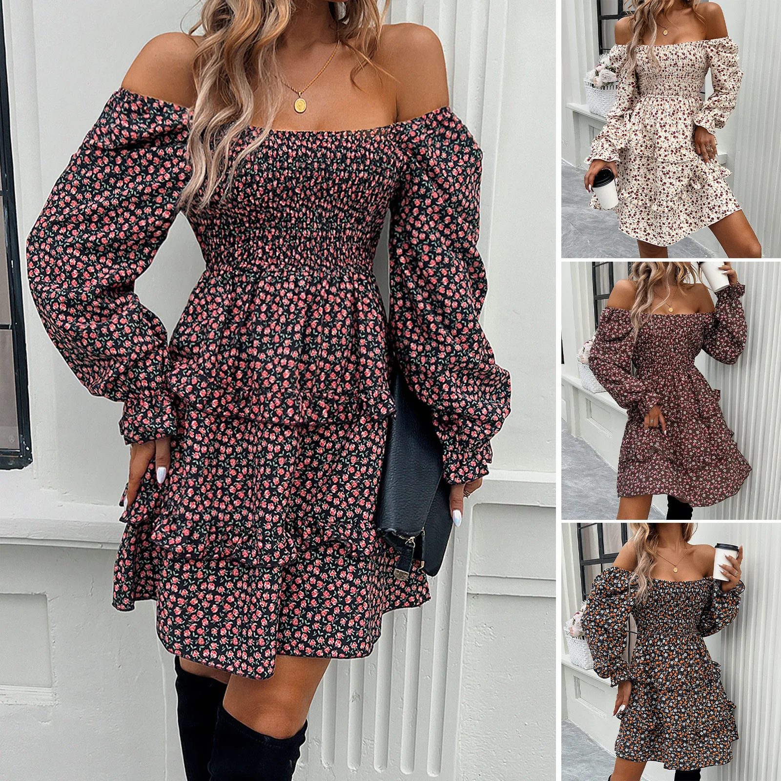 

Floral Dress 2025 Autumn Women's Temperament Elegant Square Neck Skirt