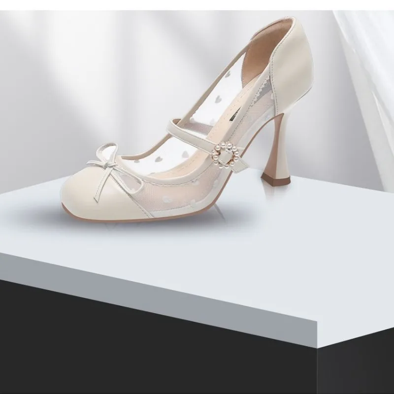 Sexy Mesh High Heels Woman Pumps Selling Thin Heel Shallow Mouth Breathable Black Temperament Women Round Toe Single Shoes 7cm