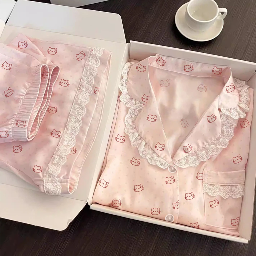 

2Pcs Hello Kitty Woman's Pajama Set Doll Collar Satin Girl Lace Short Sleeve Fashion Smooth Silk Pajama Cute Y2K Sweet Homewear