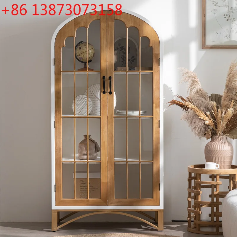 

French solid wood retro dining side cabinet, living room glass door wine cabinet, wall-mounted locker