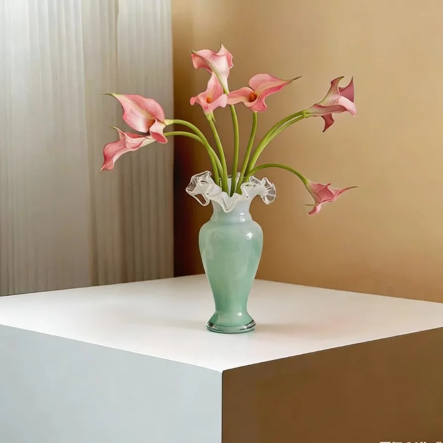 Ancient glazed glass flower arrangement in retro tall lily of the valley vase