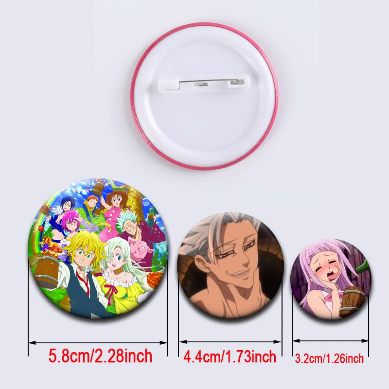 58mm Round Brooches Anime The Seven Deadly Sins Lapel Pins Meliodas,Hawk,Ban,Elizabeth Liones Cartoon Badge Bag Accessories Gift