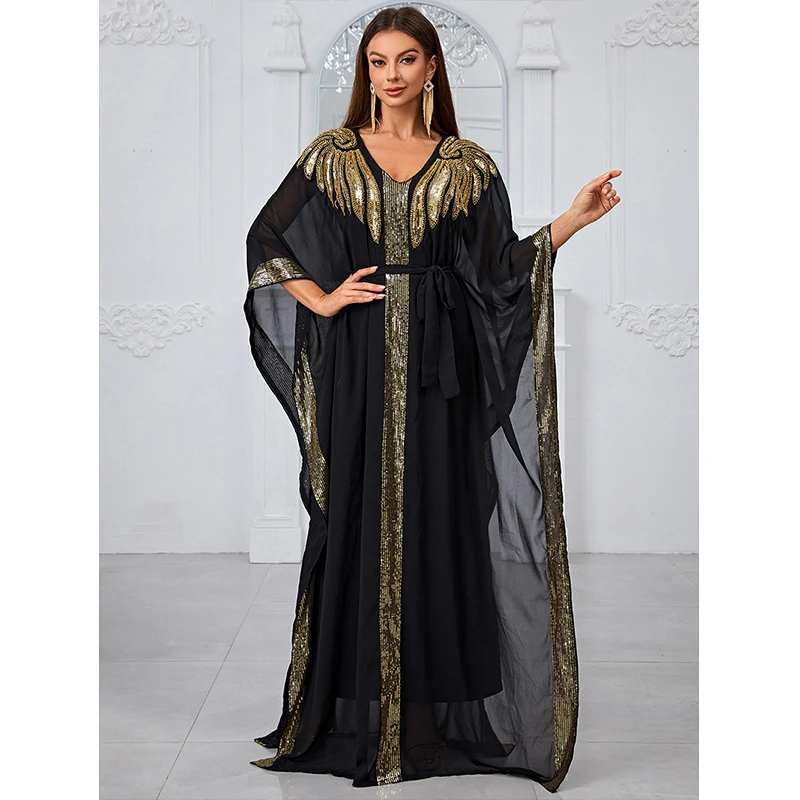 

Women V Neck kaftan batwing abaya Muslim islamic turkish clothing 2024 Elegant Sequined Chiffon Dubai Loose Long Maxi dresses