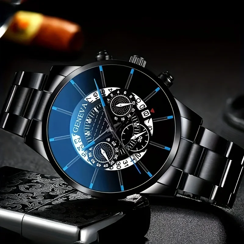 1pc Men's Round Dial Quartz Watch With Stainless Steel Strap & 1pc Bracelet, Men's Accessories