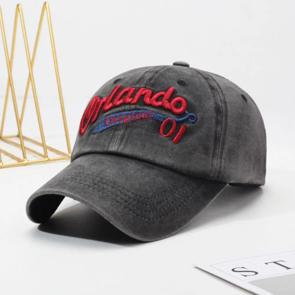 Adjustable Strap Washed Baseball Cap Multi Neutral Tone Curved Brim Letter Embroidery Hat Cotton Sun Protection