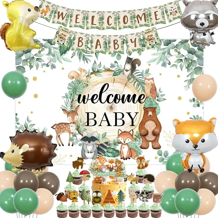 

Woodland Baby Shower Decor Forest Animal Backdrop Banner Cake Cupcake Toppers Sage Balloons Animal Foil for Gender Neutral