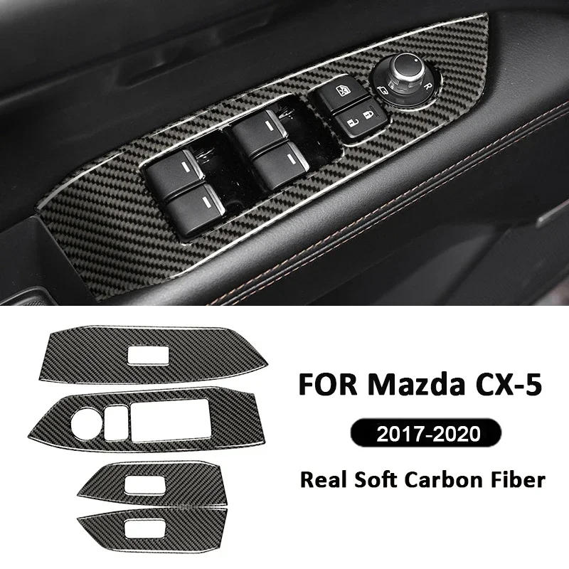 

For Mazda CX-5 2017-2020 Carbon Fiber 4PCS Car Window Lifter Switch Control Panel Frame Trim Cover Interior Decoration Sticker