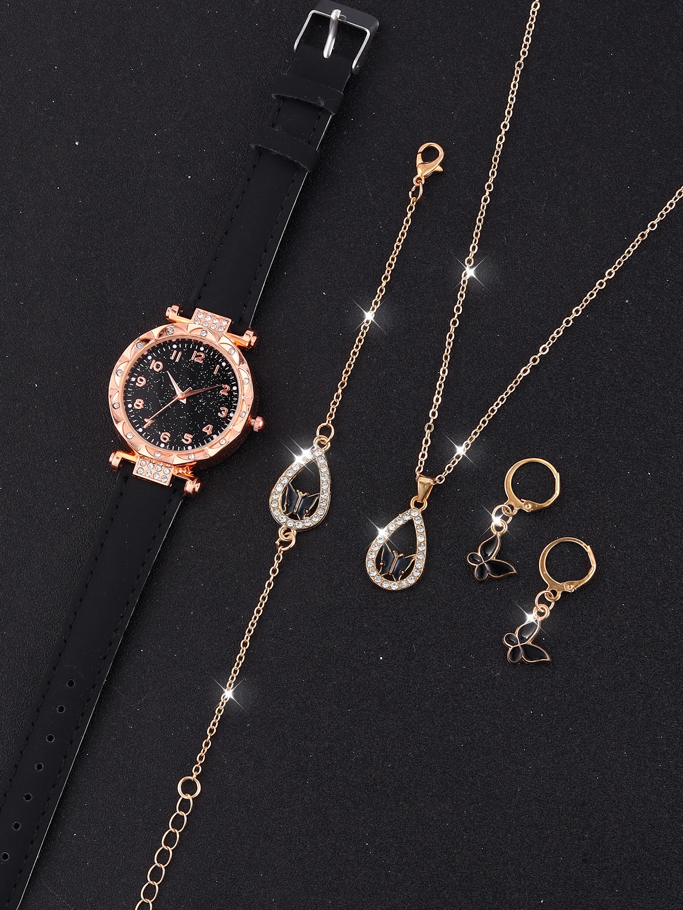 Fashion classic Black Skin women's quartz watch with butterfly diamond necklace jewelry set analog watch gift