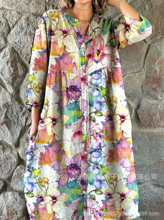 Abito con stampa retrò da donna bohemien allentato monopetto da donna abiti casual tascabili primavera estate abiti floreali a maniche lunghe