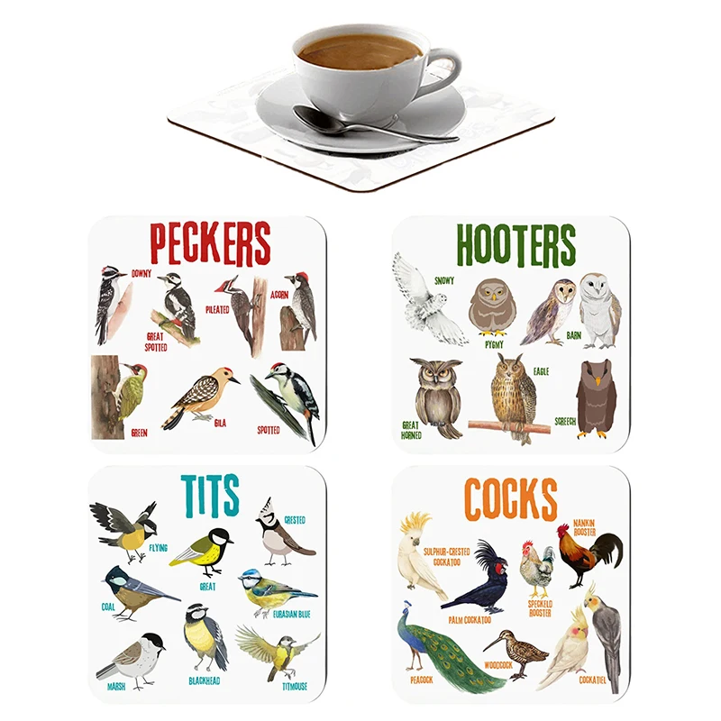 Bird Pun Coasters Wooden Coasters 4pcs Daily Kitchen Thick Square Printed Funny Drinks Cup Mat Housewarming Gift Home Decoration