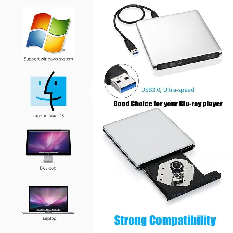 Aluminum Blu-ray Drive Ultra-thin external USB 3.0 Blu-ray burner BD-RE CD/DVD RW burner can play 3D 4K Blu-ray disc for laptop