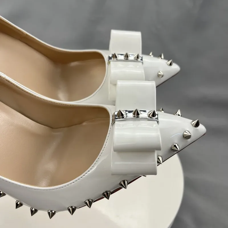 Tikicup White Patent Women Pointy Toe High Heel Shoes With Bow Sexy Spikes Rivets Stiletto Pumps For Party 8cm 10cm 12cm