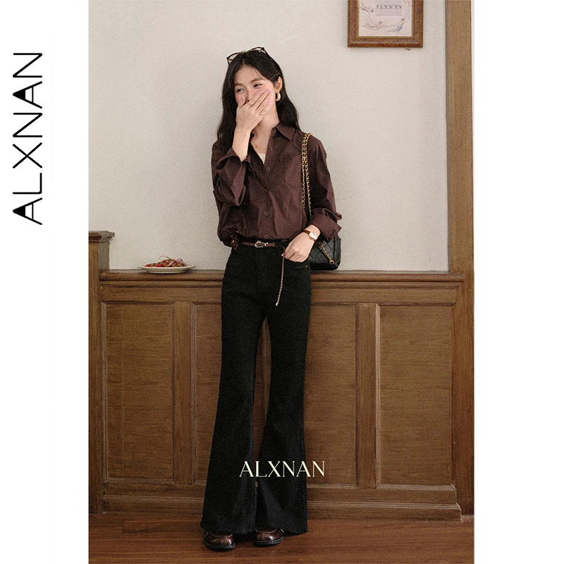 

ALXNAN Vintage Blue Flared Jeans High-waist Cotton Women's Denim Pants 2025 Autumn New Elegant Casual Baggy Jeans Ladies L57028