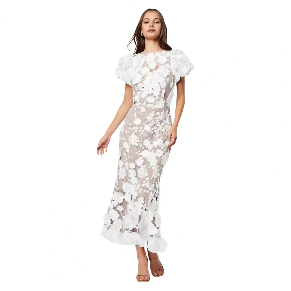 Floral Embellished Party Gown Elegant Women's Embroidered Fishtail Dress with 3d Flower Decor Round Neck Puff Sleeve for Spring