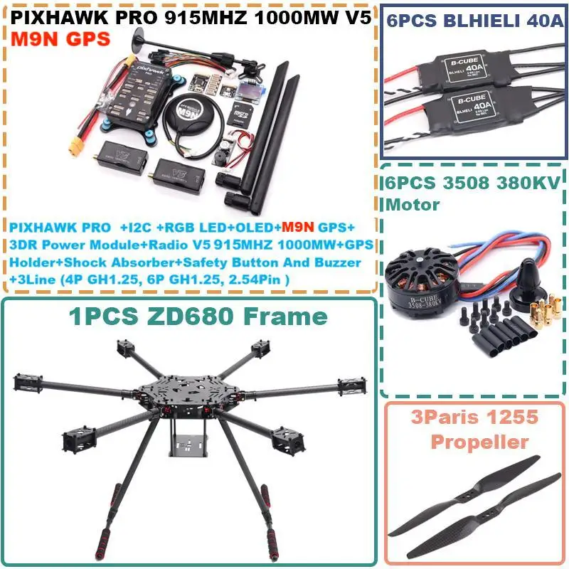 RCtoSky ZD680 PRO M9N Full Carbon Fiber Hexa-Rotor Foldable Arm Hexacopter Frame Kit  with Unflodable Landing Gear