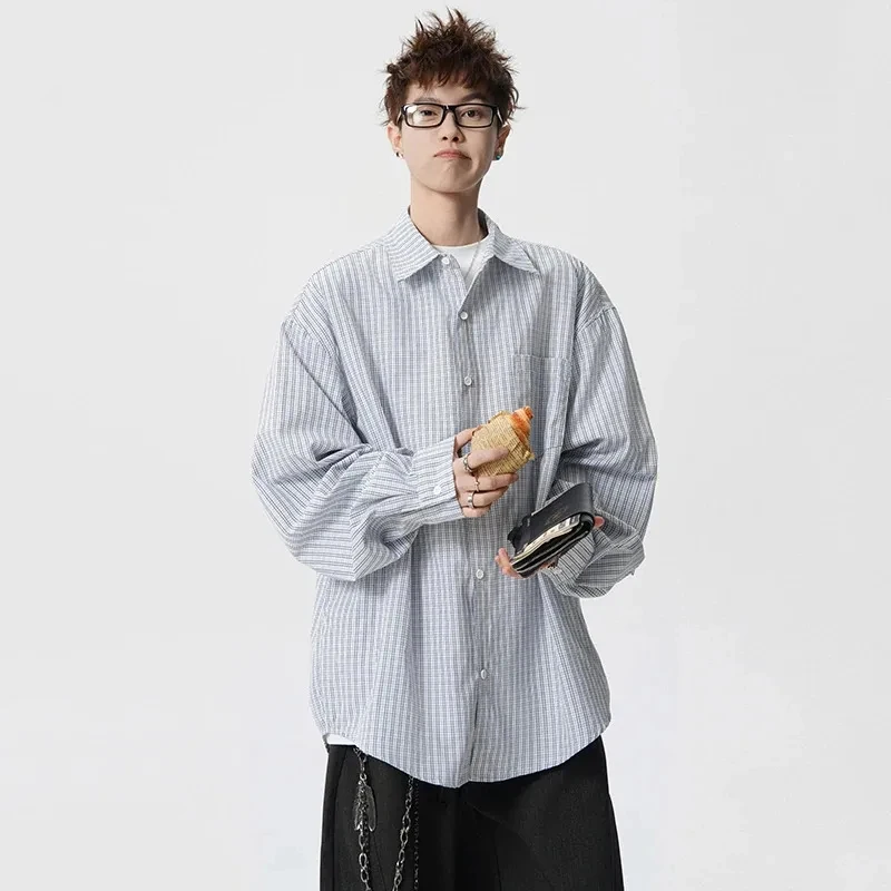 

American Style Blue Plaid Long Sleeve Men's Shirt Loose Casual Lapel Male Blouse With Single Pocket Design Tops