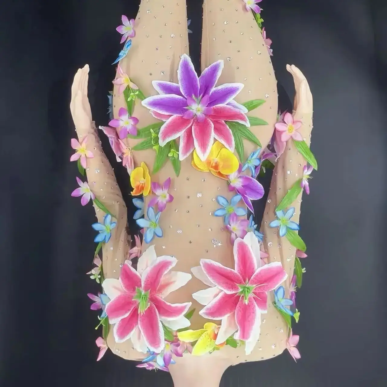 

Sexy See Through Flower Jumpsuit Nightclub Party Performance Costume Stage Wear Luxury Women Gift