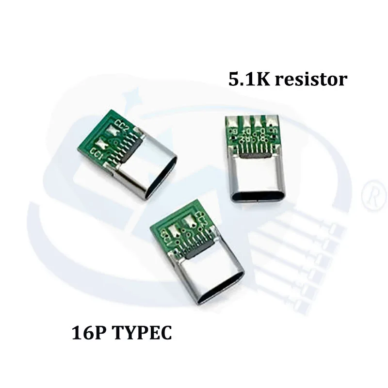 Typce with 5.1k resistor, 16 pin USB 3.1 charging socket connector, soldering data cable, DIY board PCB, pull-down resistor