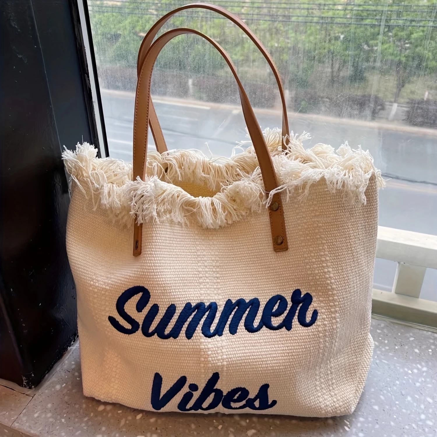 Letter Embroidery Tote Bag, Fringe Trim Canvas Handbag, Women's Summer Beach Shoulder Bag