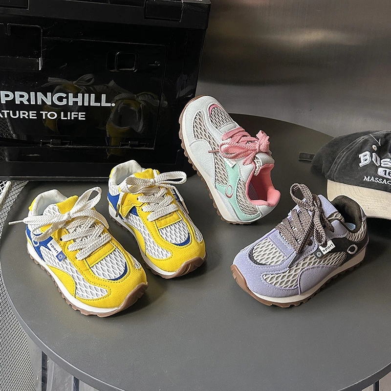 

2025 Children Sports Shoes Toes Capped Mesh Breathable Kid Tennis Shoes Soft Bottom Autumn New Boys Girls Running Shoes Non-slip