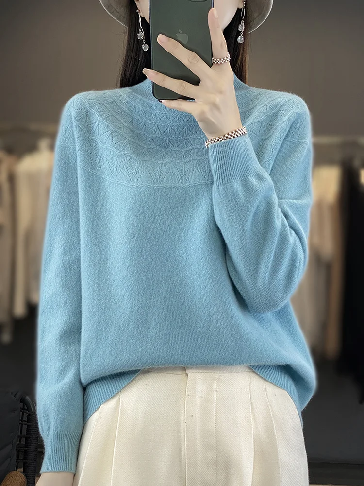 

Autumn Winter Women 100% Merino Wool Sweater Half-high Collar Pullover First Line Hollow out Pure Color Basis Cashmere Top