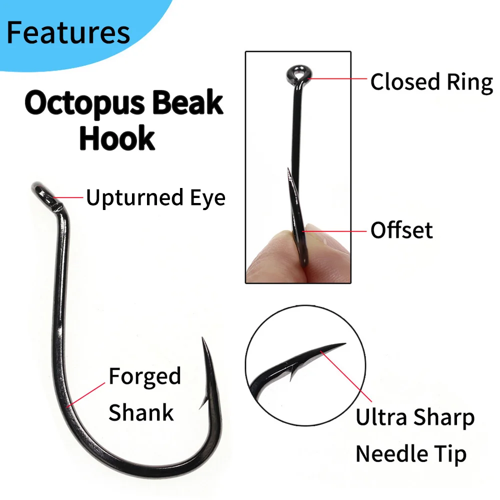 Elllv 100pcs #10 - 10/0 Black Nickel Octopus Beak High Carbon Steel  Offset Fishhook Saltwater Freshwater Fishing Bait Hook