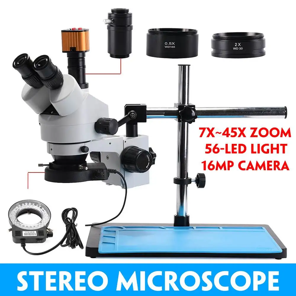 7~45X Zoom Magnification Stereo 16MP Camera Microscope For Industrial PCB Repair All-metal Pillar Stand 56-LED Ring Light