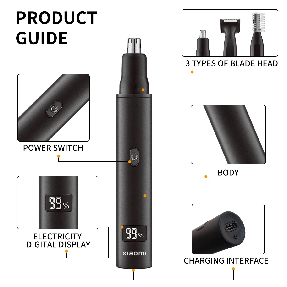 NEW XIAOMI 3 in 1 Electric Hair Trimmer for Nose Men Painless Rechargeable Sideburns Eyebrows Beard Hair Clipper Shaver view 5