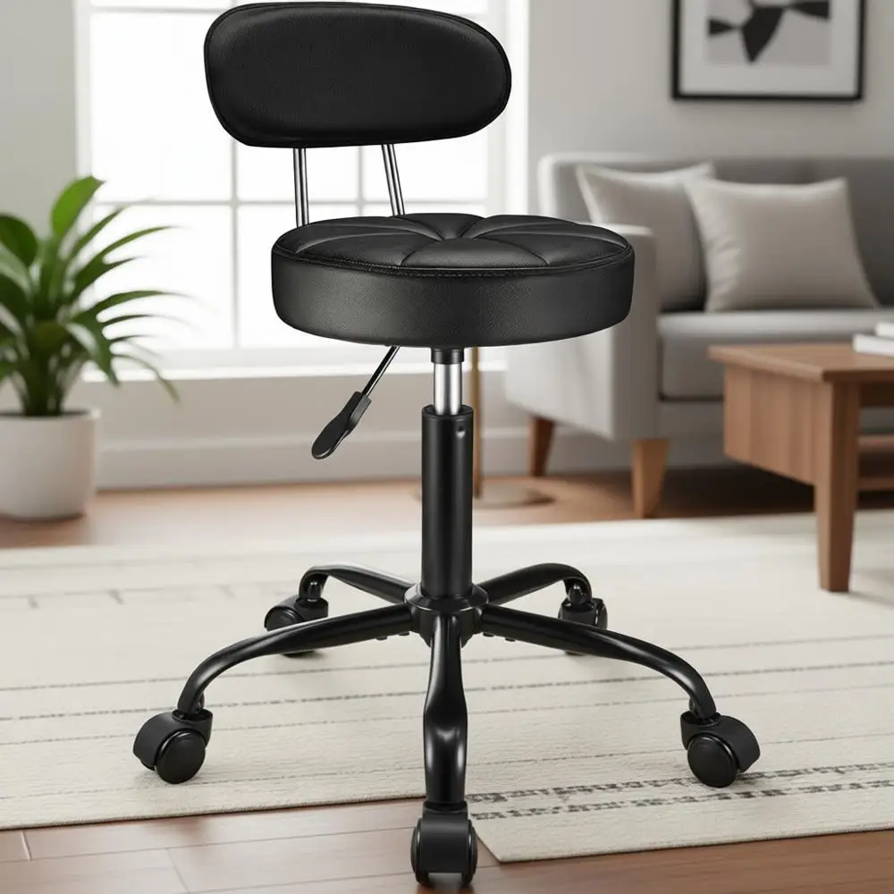Adjustable Height Swivel Stool with Back Support and Wheels, Ideal for Home, Spa, or Salon, Black