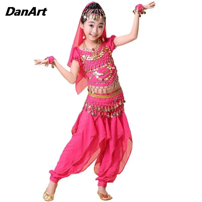 

3PCS Children's Belly Dance Set Practice Performance Clothing Coins Sequin Short Sleeve Swirl Pants Girls' Indian Dance Clothing