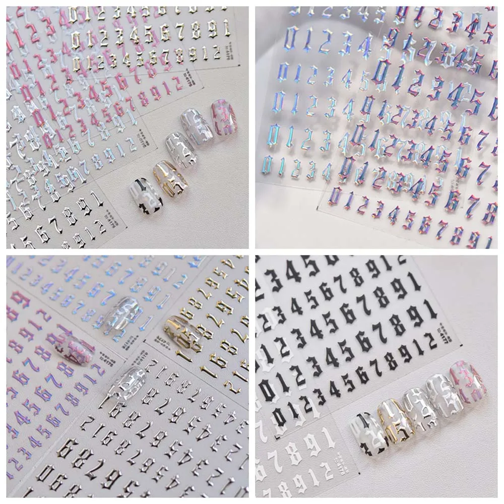 Gothic Style Number Nail Stickers Black White Gold Silver Number Nail Decals Manicure Accessories Nail Supplies