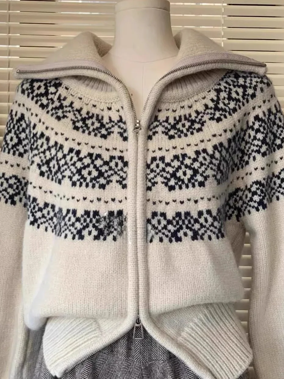 

Korean Sle Wheat Color Double Zipper Thiened High Collar Wool Knitted Cardigan Women's Autumn Winter Outerwear Sweater Ja...