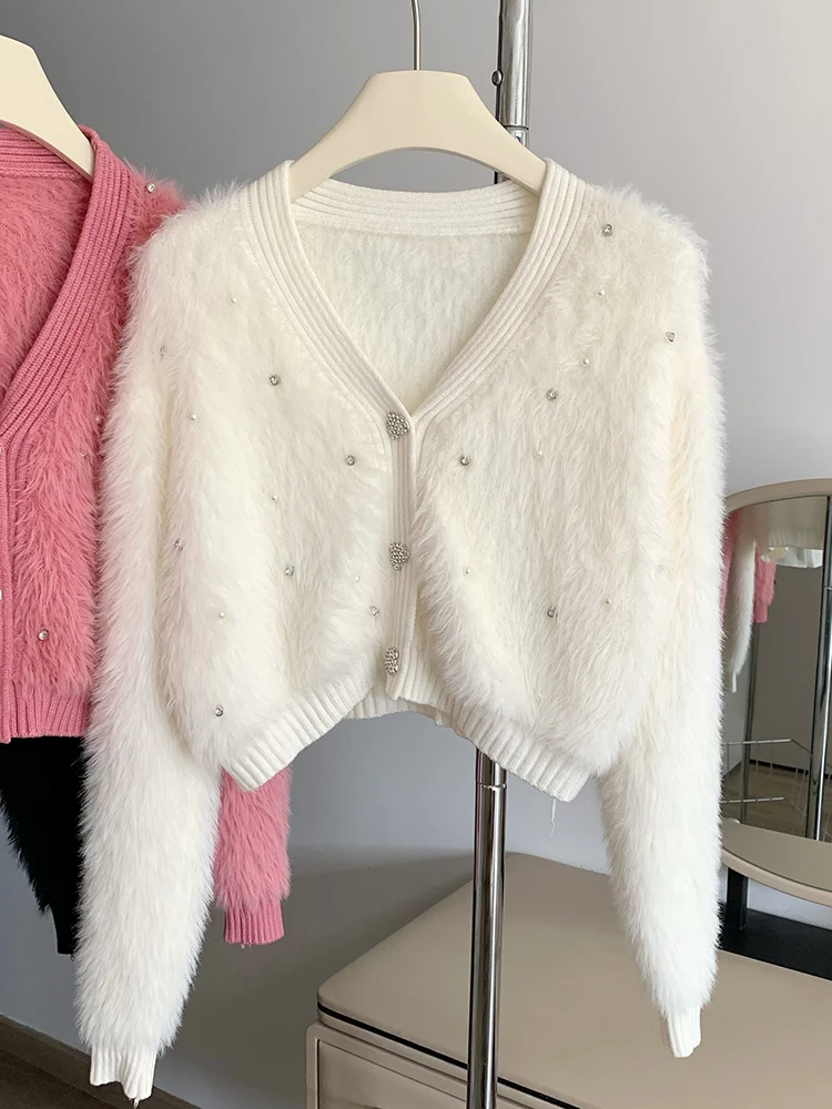 Autumn Winter Woman 2000s Aesthetic Vintage Crop Cardigan Mohair Pearl Sweater Long Sleeve Knitwears Tide Cute Core Korean Chic