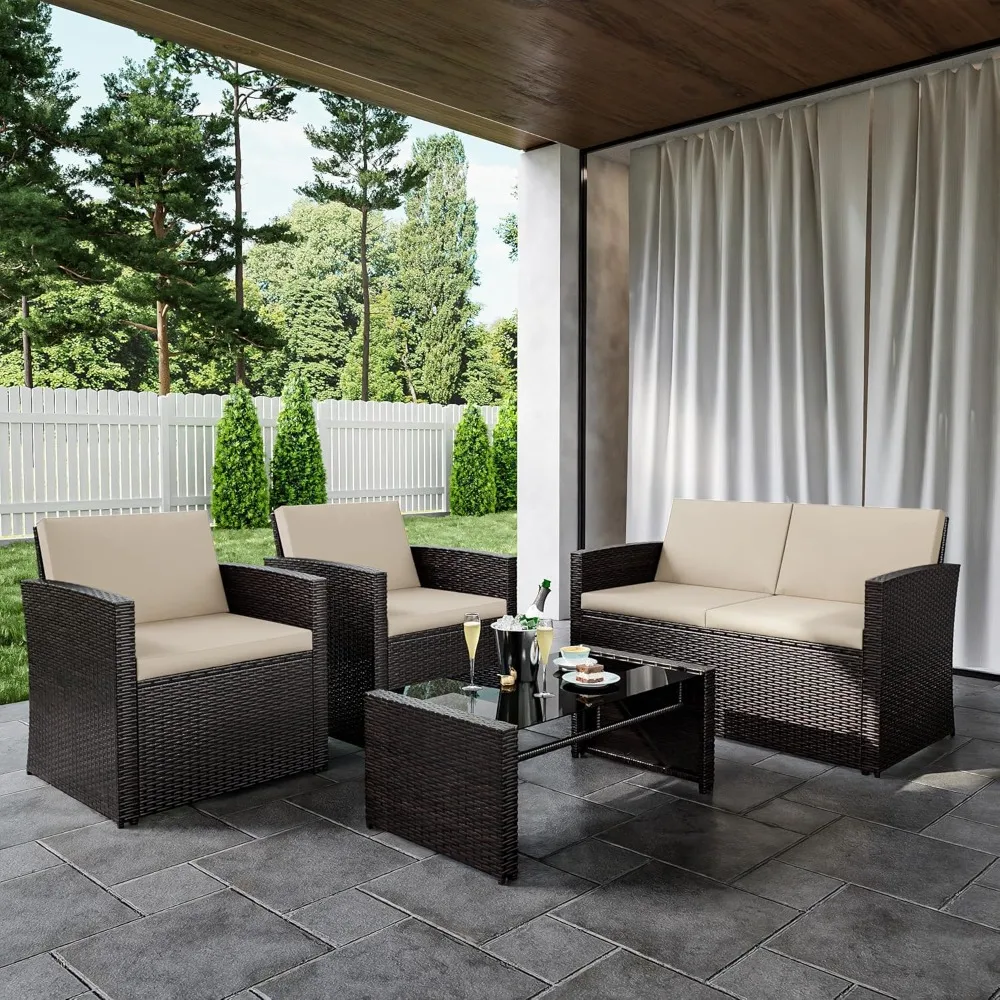 

4-piece outdoor terrace furniture set, willow conversation set with sofa, chair, and side table, rattan terrace section