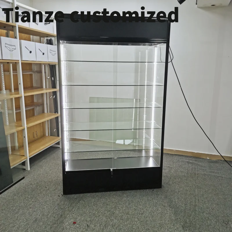 Customized-led retail shop glass display cabinet aluminum frame lockable glass display smoke shop showcase smoke