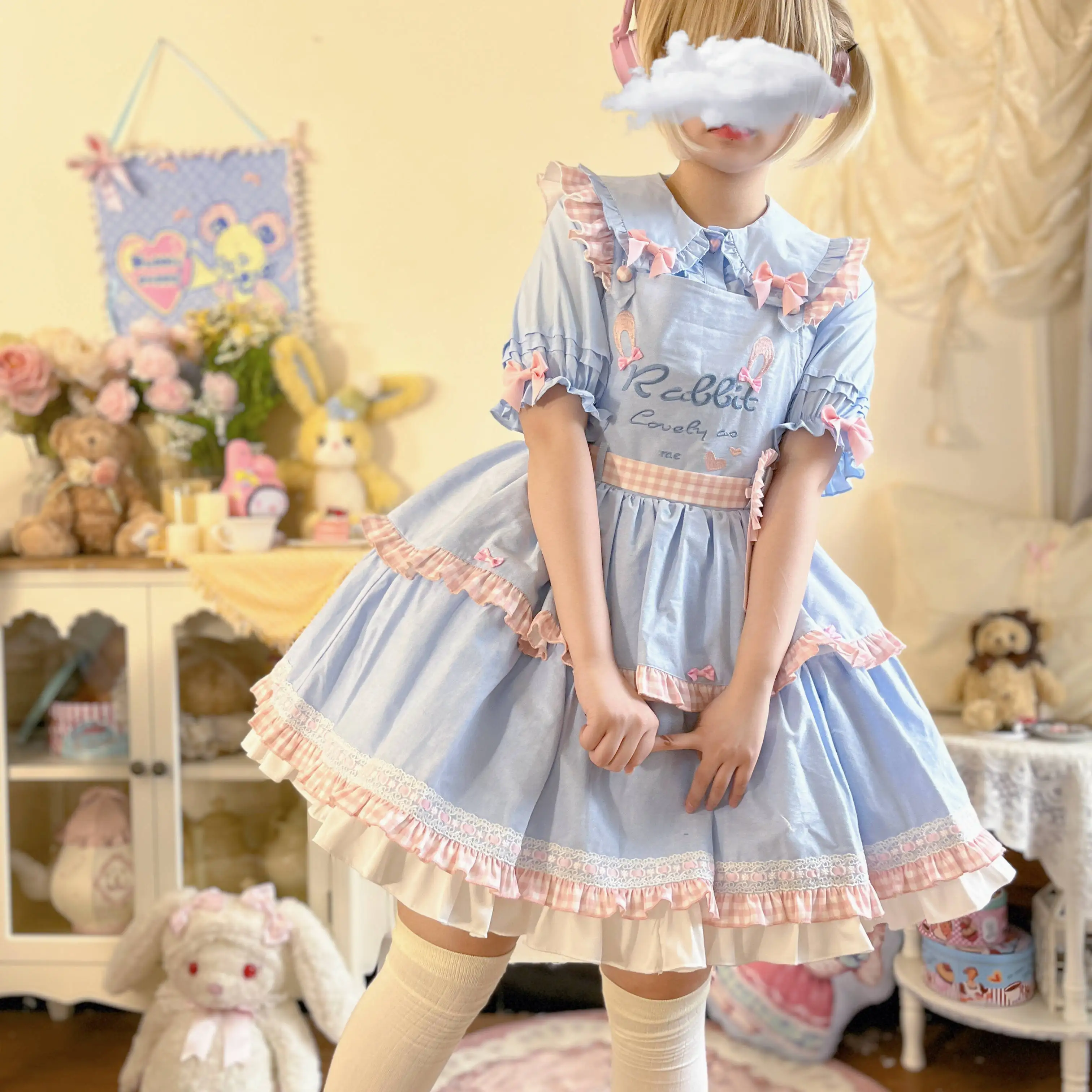 Cute Rabbit Ears Women\'s Original Lolita Cute Bunny With Bow Tie Short Sleeved Shirt Top For Summer Blouse Ruffles