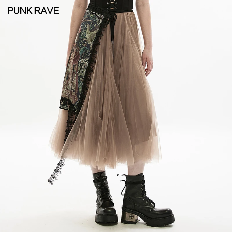 

PUNK RAVE Women's Fairy Medium Long Elegant Gauze Mesh Skirt Elastic Waist Beautiful Skirts Women Spring Autumn 2 Colors