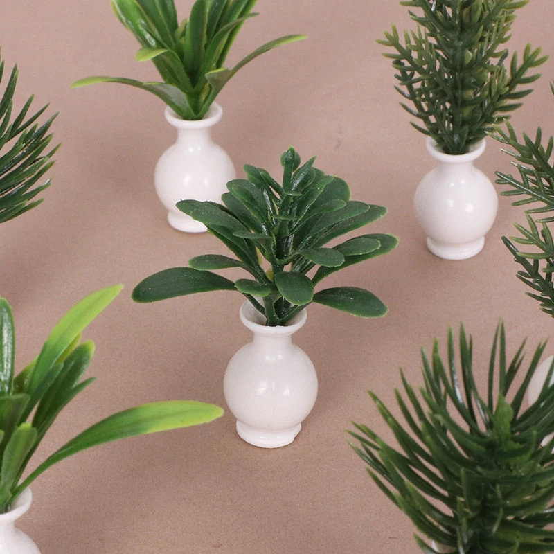 1pc Dollhouse Mini Plastic Simulation Vase Green Plant Miniature Model Mini Floral Arrangement Toy Ornaments