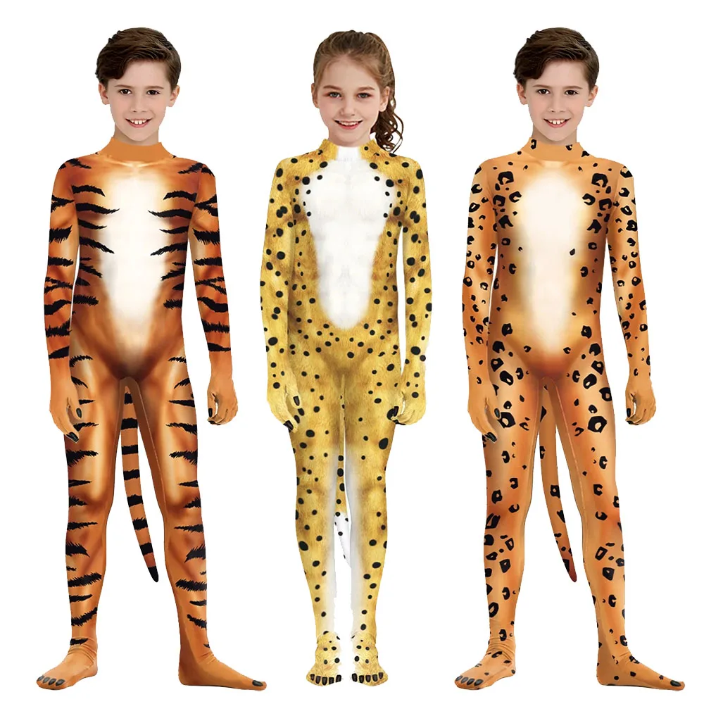 Zawaland Cosplay Animal Costume bambini con coda 3D stampato Leopard Tiger Holiday Party Catsuit tute Halloween Zentai