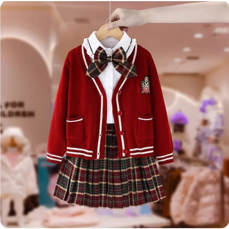 Girls' Spring and Autumn College Style Set Uniform Skirt Cardigan Sweater Coat 3-Piece Set