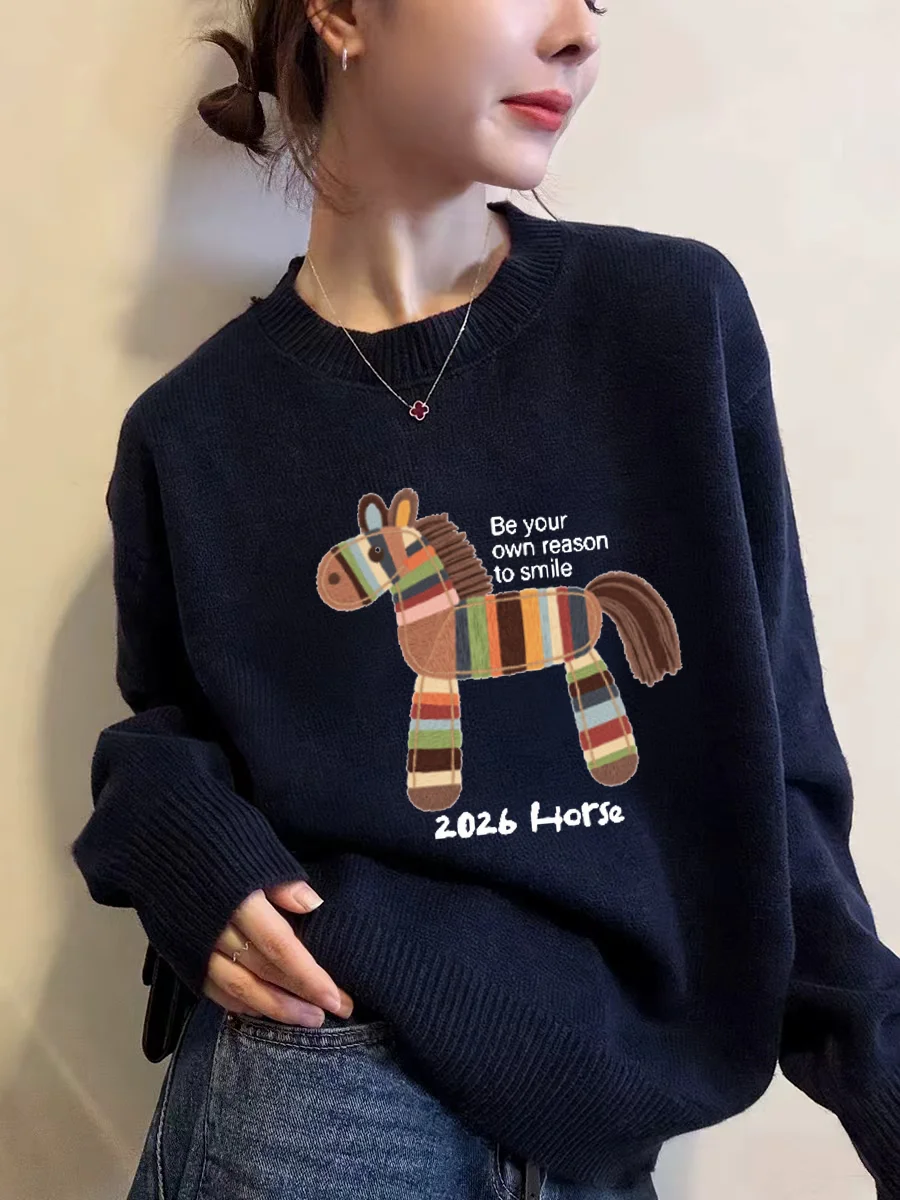 빨간색 니트 스웨터 여성용 초봄 신상 무지개 프린트 루즈핏 라운드넥 따뜻한 상의 새해 축하 패션...