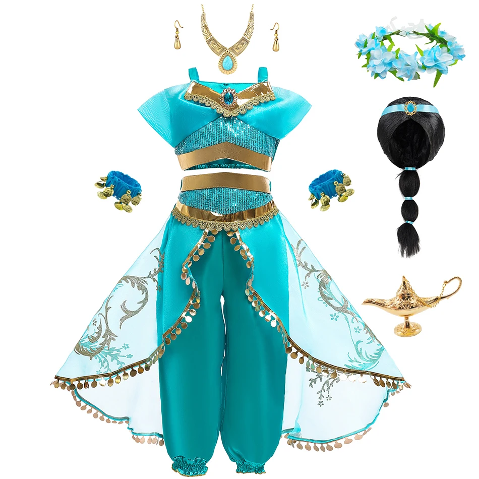 Jasmine Princess Cosplay Costume Girl Jasmine Sets Cartoon Children Birthday Party Gift Halloween Fantasy Outfits