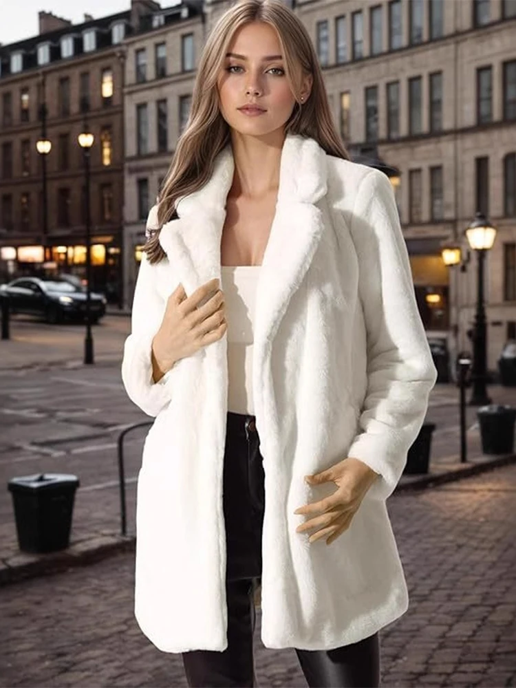 معطف ترينديكس أنيق من الفرو الصناعي للنساء موضة الشتاء الدافئة بأكمام طويلة وطية صدر السترة معاطف مكتب للتنقل سترة طويلة غير رسمية #1