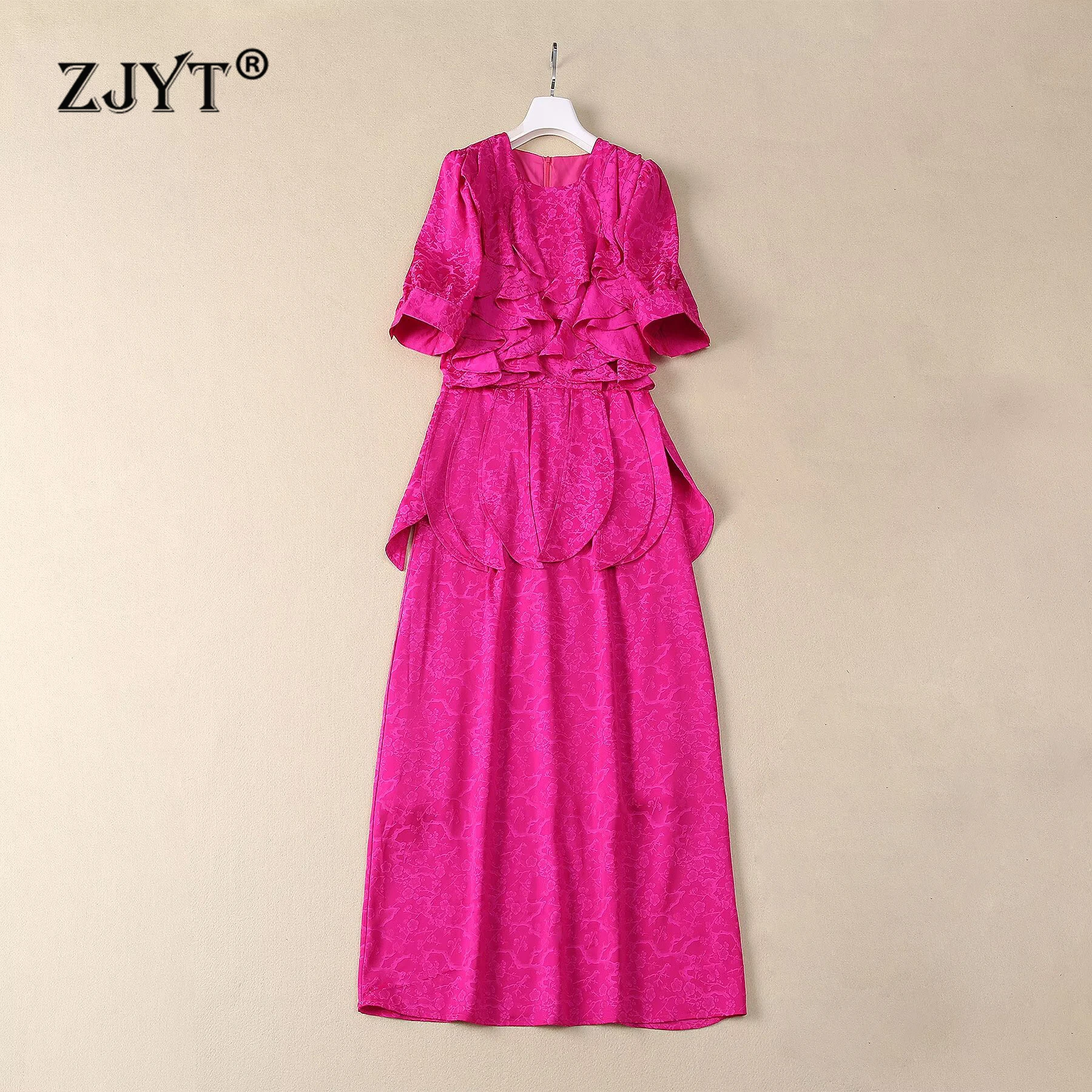 

ZJYT Elegant Summer Long Dresses for Women 2024 Designer Short Sleeve Ruffles Jacquard Straight Party Dress Female Clothes Robes