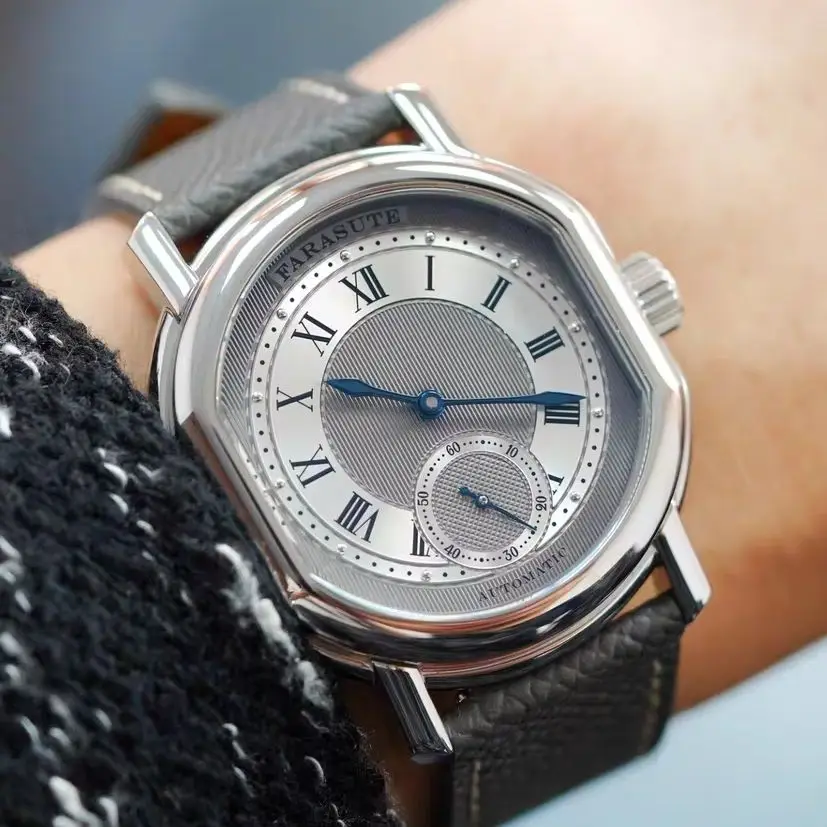 FARASUTE Men Automatic Watch 38mm Mechanical Wristwatch Oval Case Sapphire Mirror 50m Waterproof Small Second Dial Peacock Mov