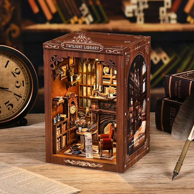 DIY Holz Buch Nook Regal Einsatz Kit Twilight Bibliothek Buchstütze mit Licht Miniatur Modell Kits Bücherregal für Freunde Geschenke