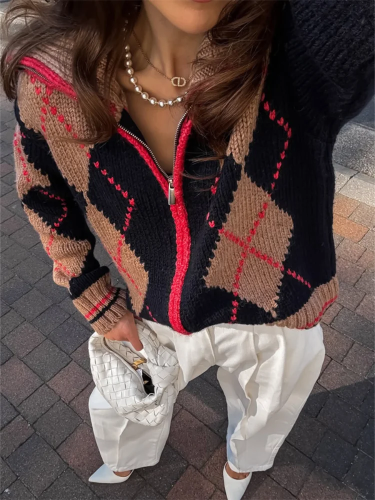 Loose Color Block Knitted Cardigan Oversized Lapel Collar Long Sleeve Sweater Coat Lady Fall Winter Soft Daily Knitwear Outfits