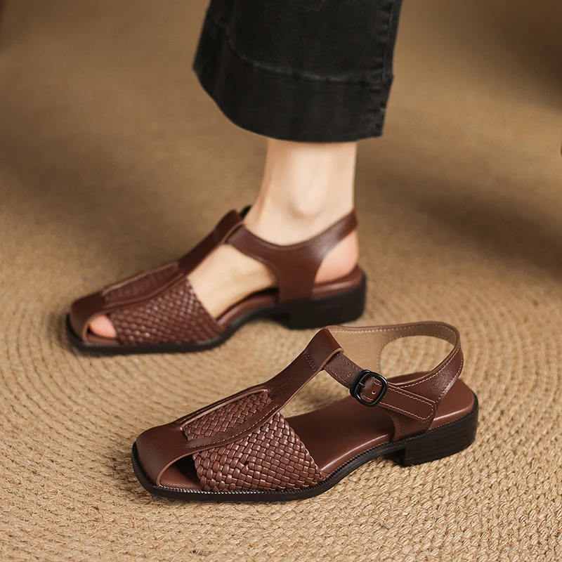 

Women's new summer leather woven cowhide round toe, elastic buckle hollow out breathable retro toe Roman shoes fashion sandals